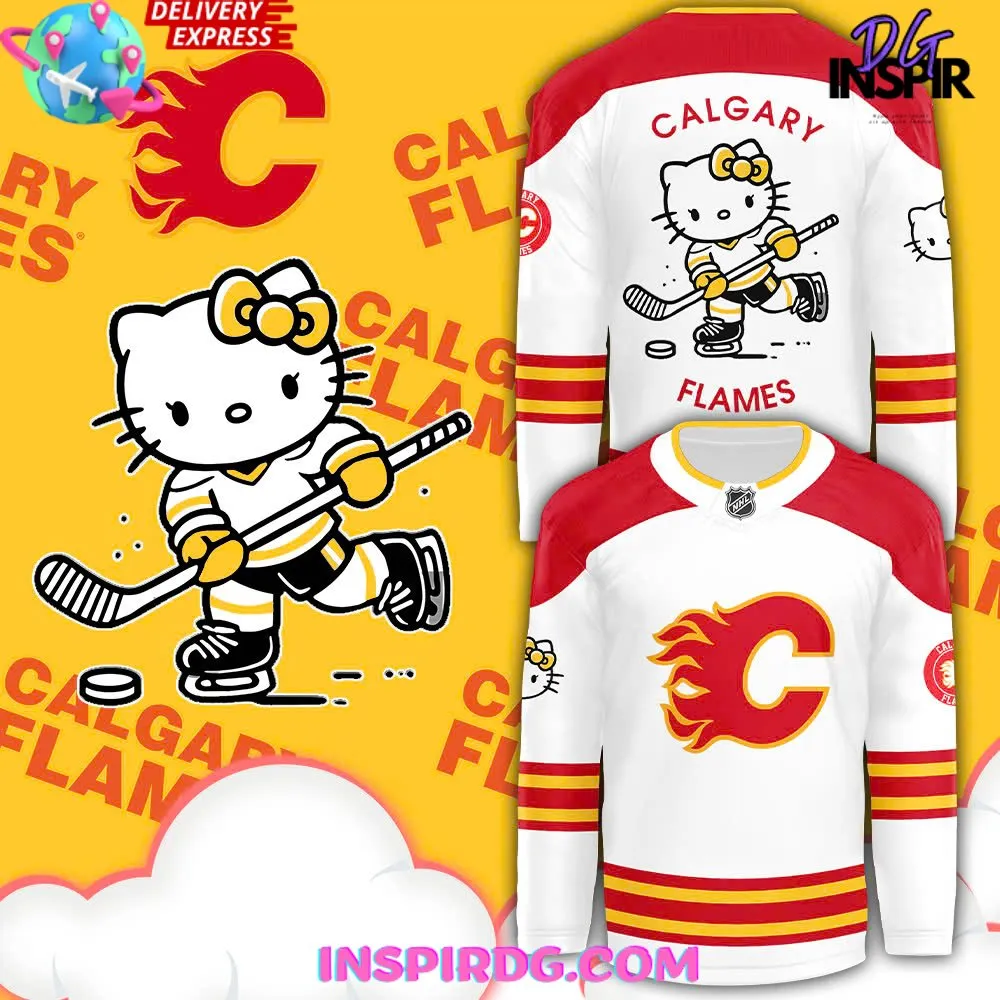 -Calgary Flames x Hello Kitty 50th Anniversary White Hockey Jersey