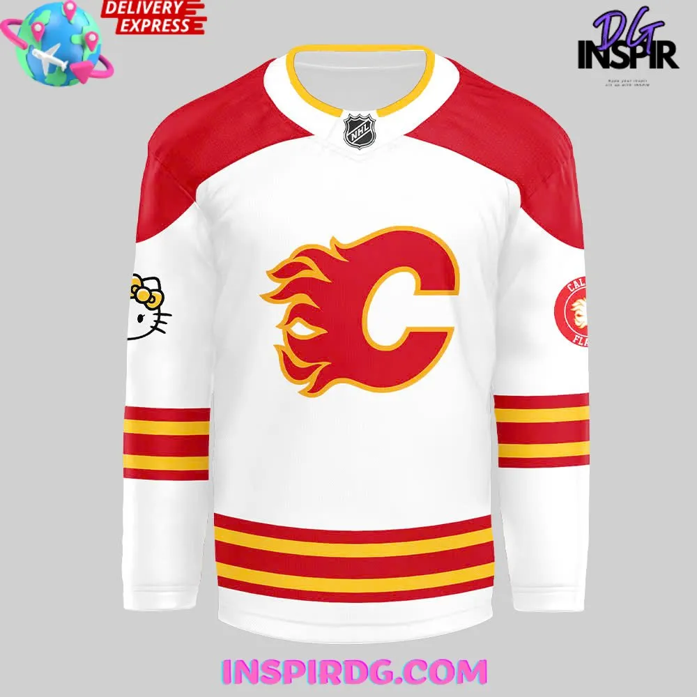 -Calgary Flames x Hello Kitty 50th Anniversary White Hockey Jersey