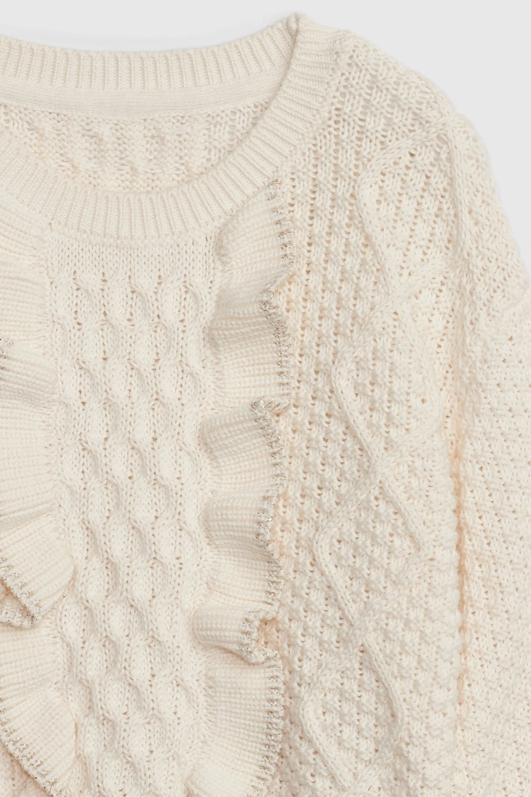 Beige Cable Knit Ruffle Jumper