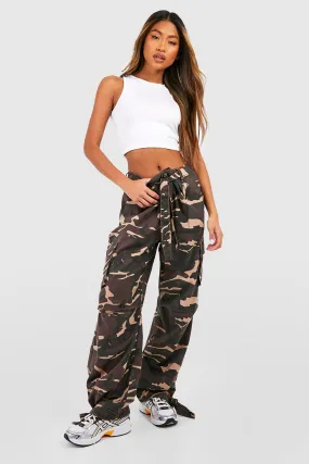 Belted Camo Tie Hem Baggy Cargo Pants