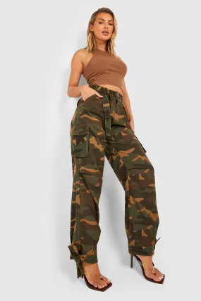 Belted Dark Camo Tie Hem Baggy Cargo Pants