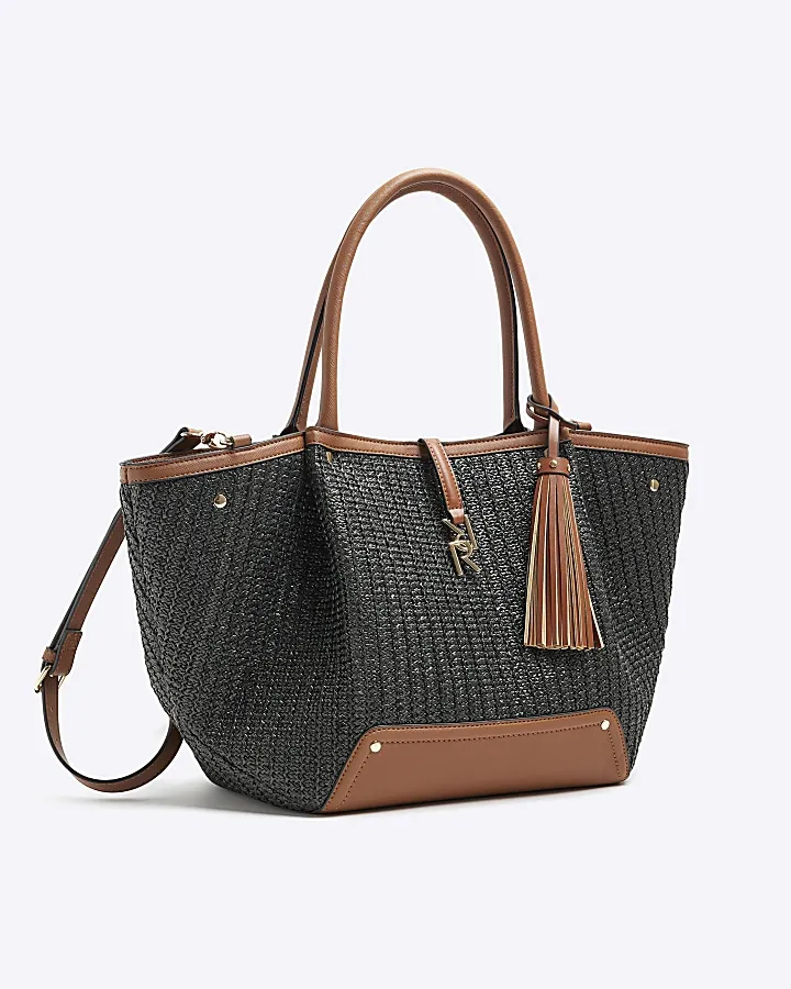 Black raffia large tote bag