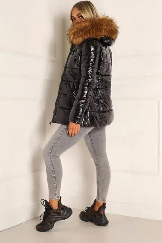 Black Wet Look faux fur hooded Jacket