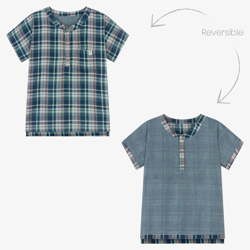 Blue Organic Cotton Check Tunic Shirt