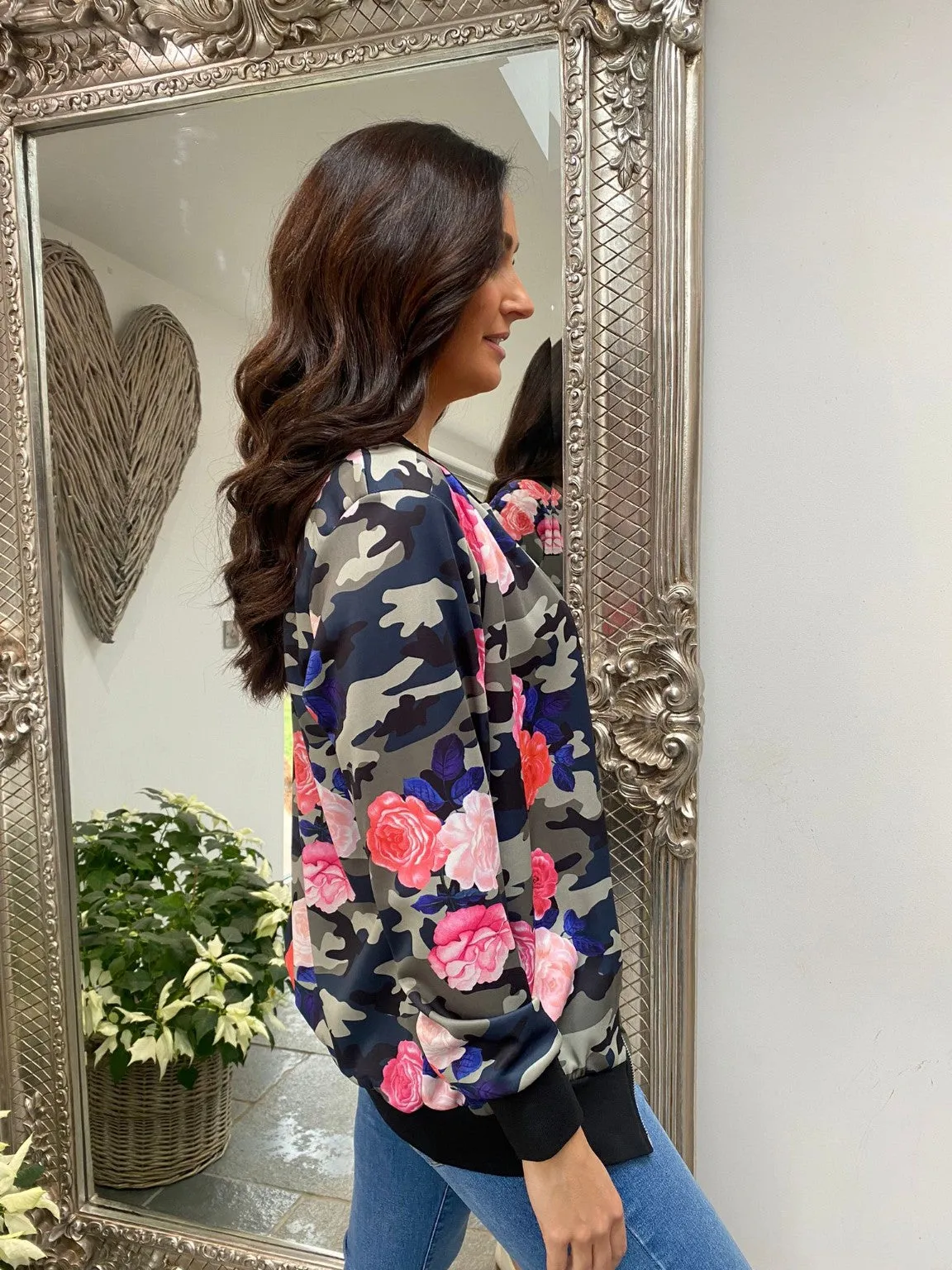 Camo Flower Print Bomber Jacket