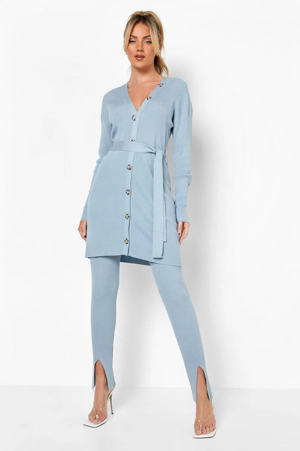 Cardigan And Split Hem Leggings Knit Set