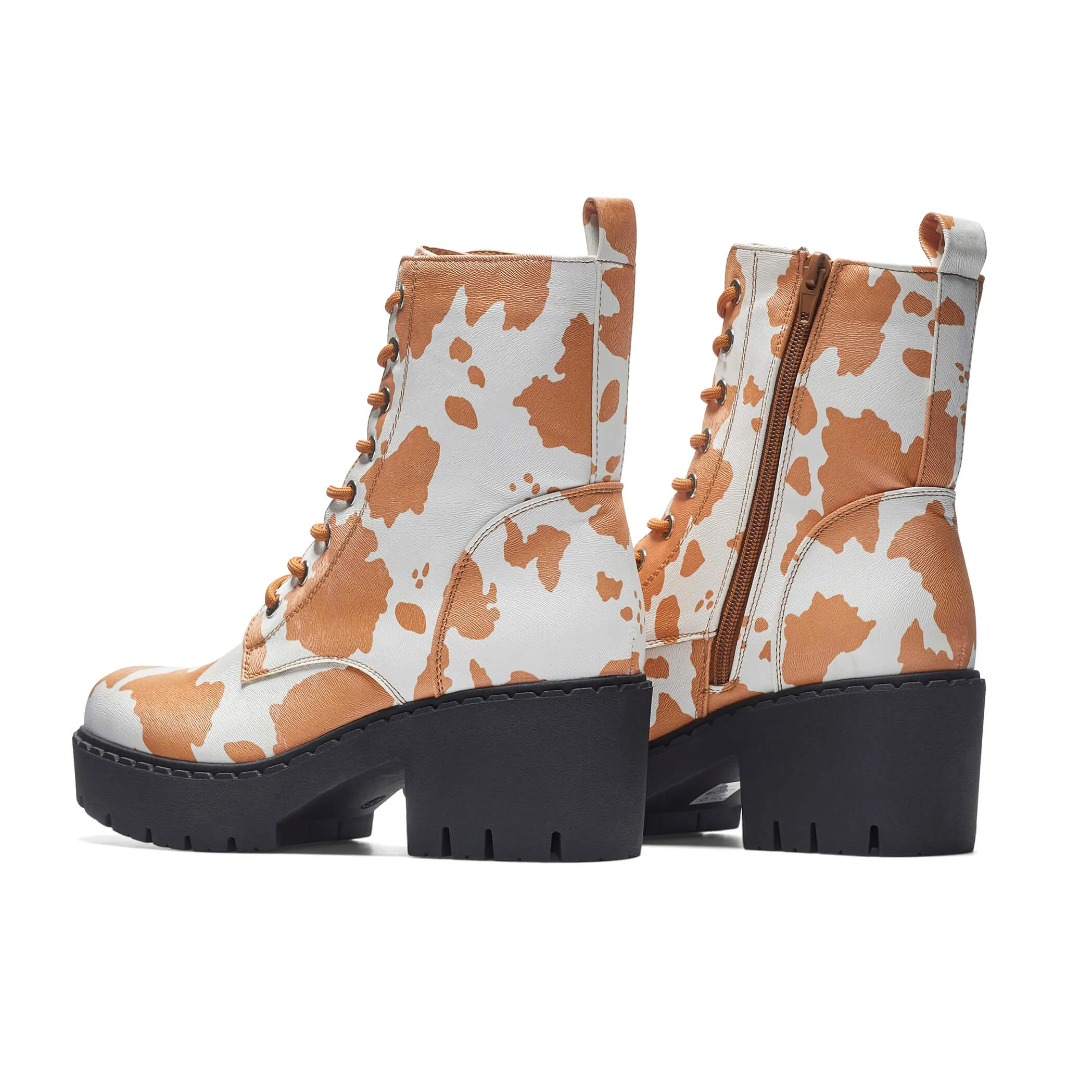 Clarabelle Brown Cow Print Switch Lace Up Boots