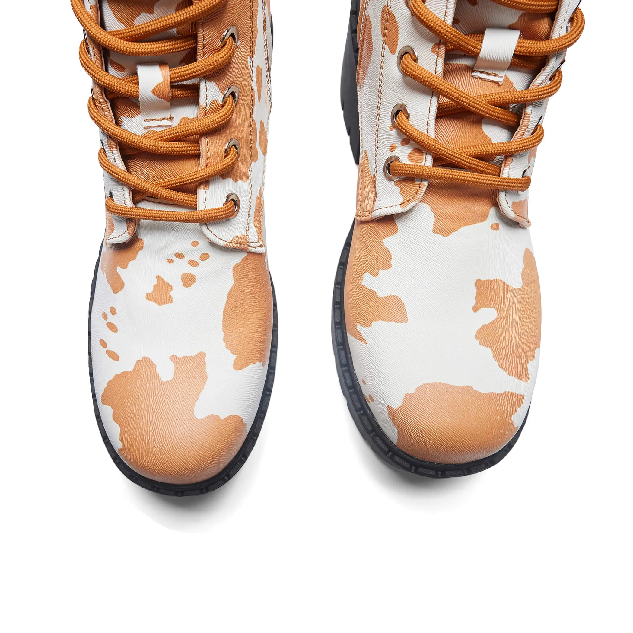 Clarabelle Brown Cow Print Switch Lace Up Boots