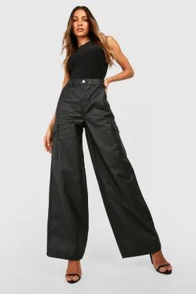 Coated High Waisted Baggy Denim Cargo Pants