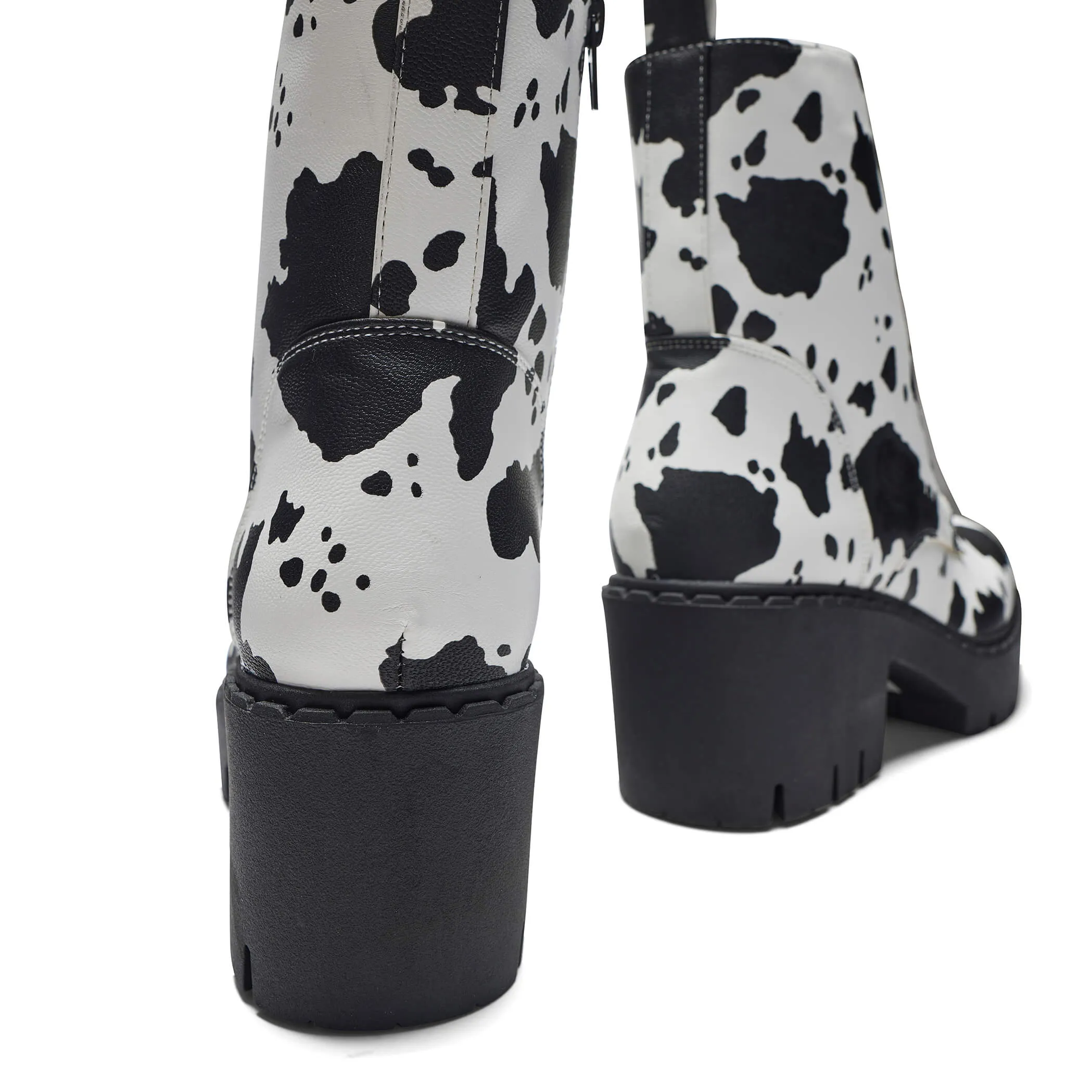 Daisy Cow Print Switch Lace Up Boots