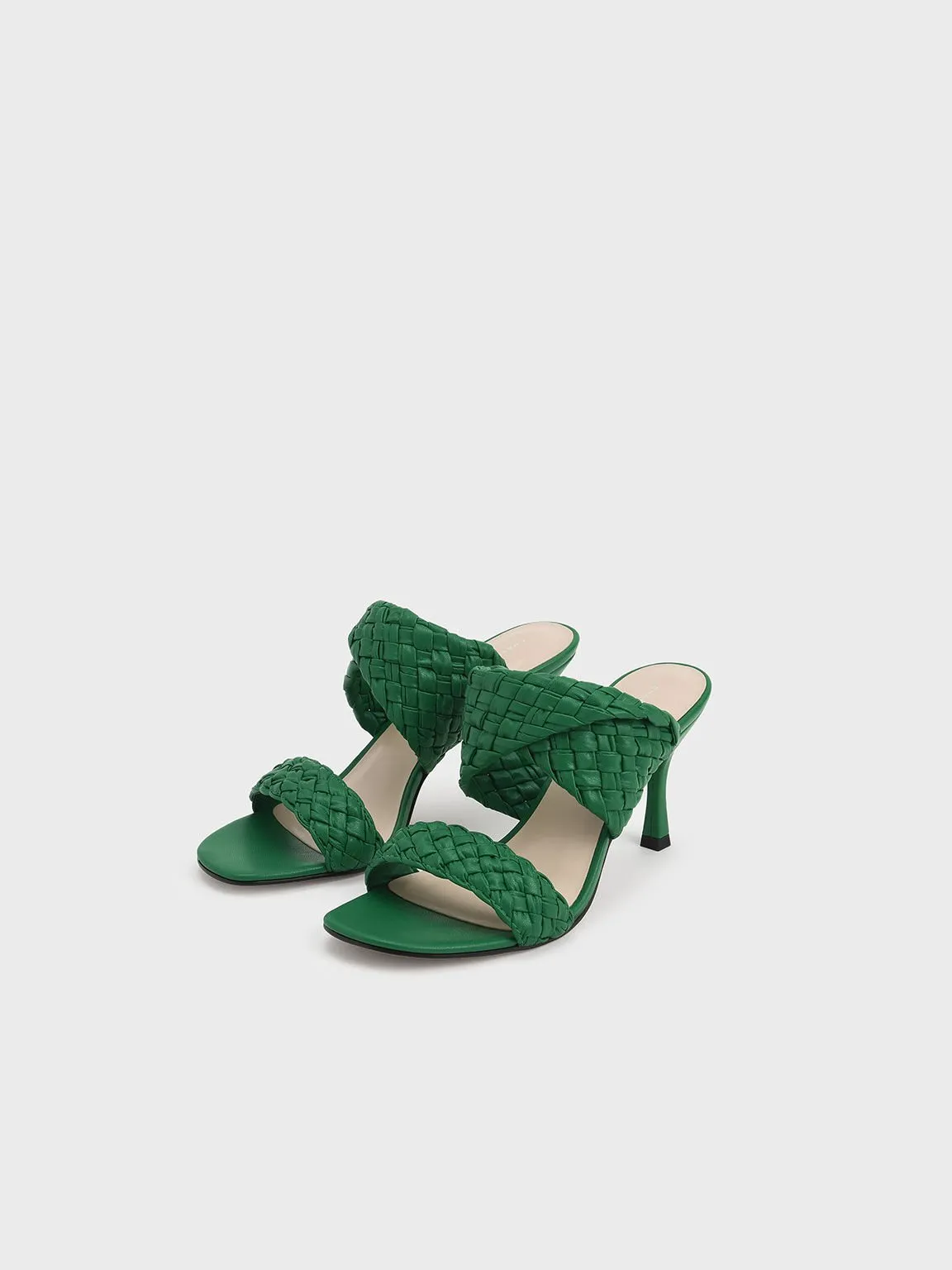 Double Strap Woven Heeled Mules - Green