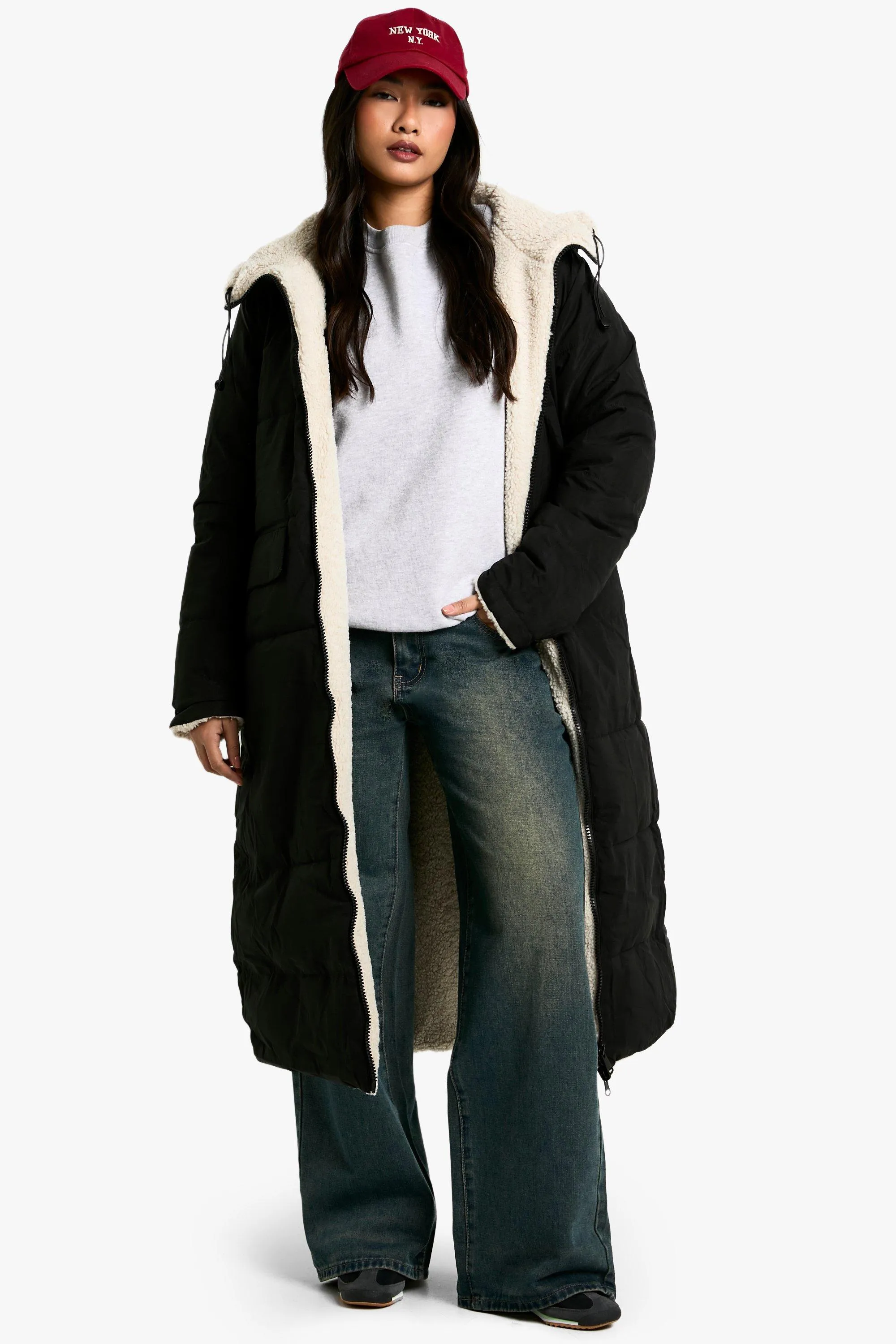 fur lined longline puffer jacket