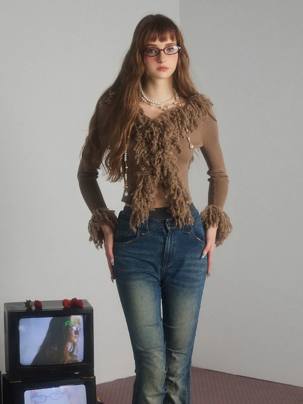 Furry Edge Knitted Cardigan