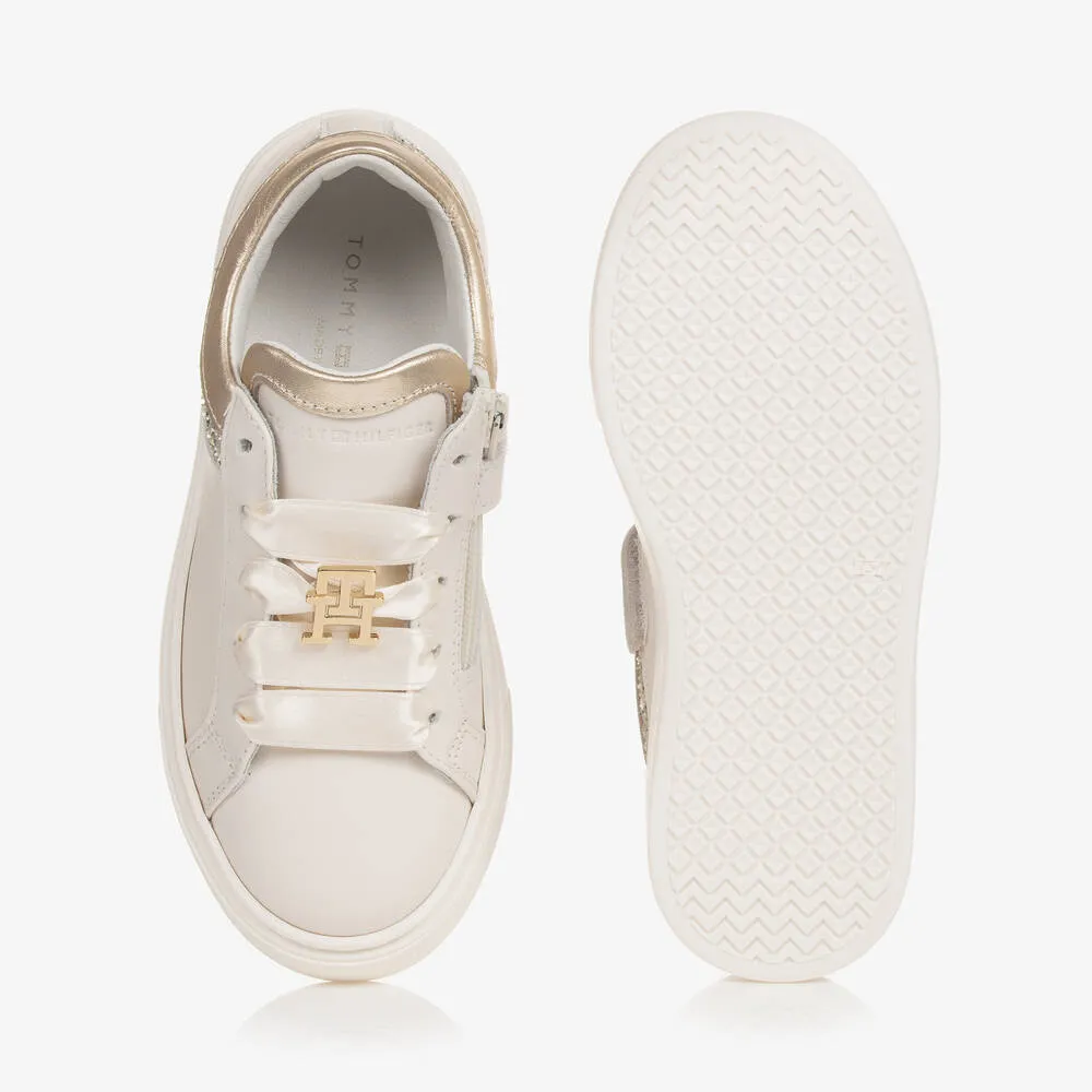 Girls Ivory & Gold Leather Trainers