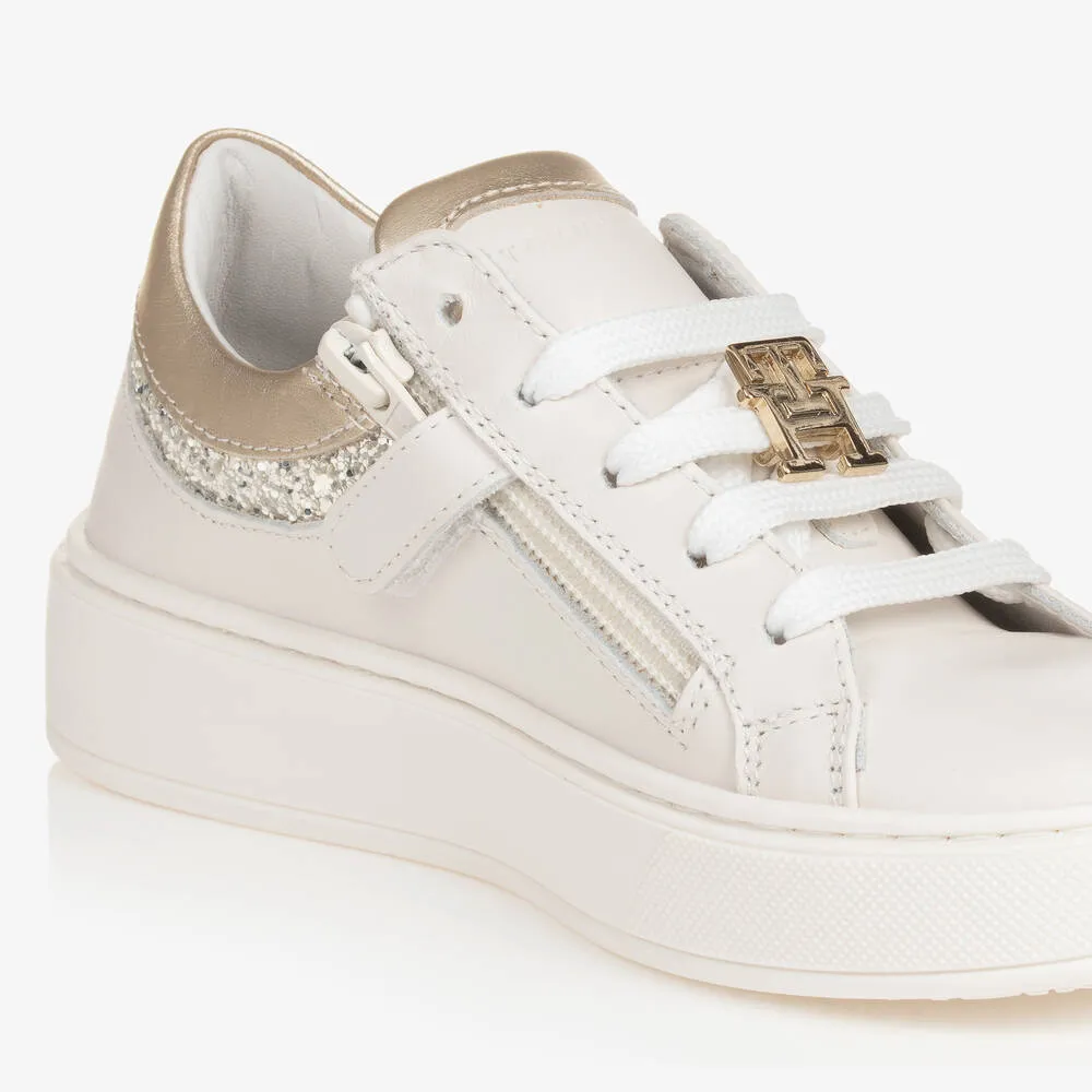 Girls Ivory & Gold Leather Trainers