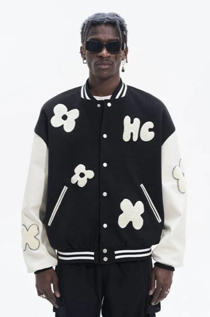 H/C Embroidered Flowers Varsity Jacket