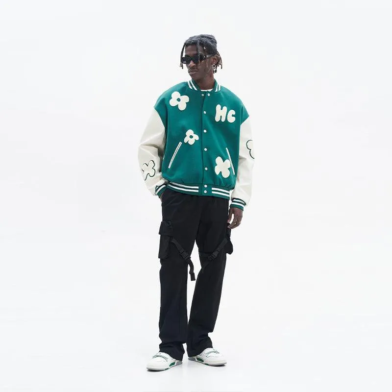 H/C Embroidered Flowers Varsity Jacket
