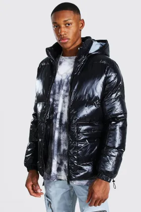 High Shine Patch Pocket Puffer With Reflective Hood