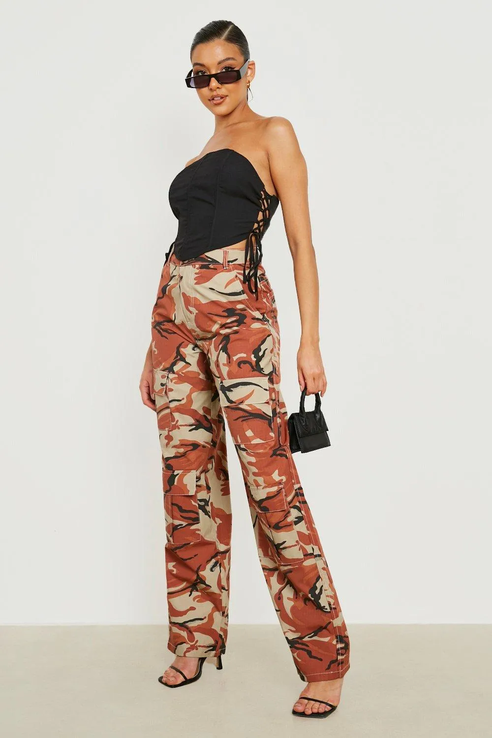 High Waisted Camo Print Cargo Pants