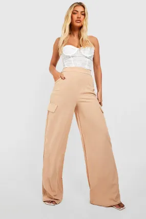 High Waisted Crepe Cargo Wide Leg Pants