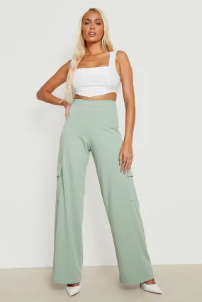 High Waisted Crepe Wide Leg Cargo Pants