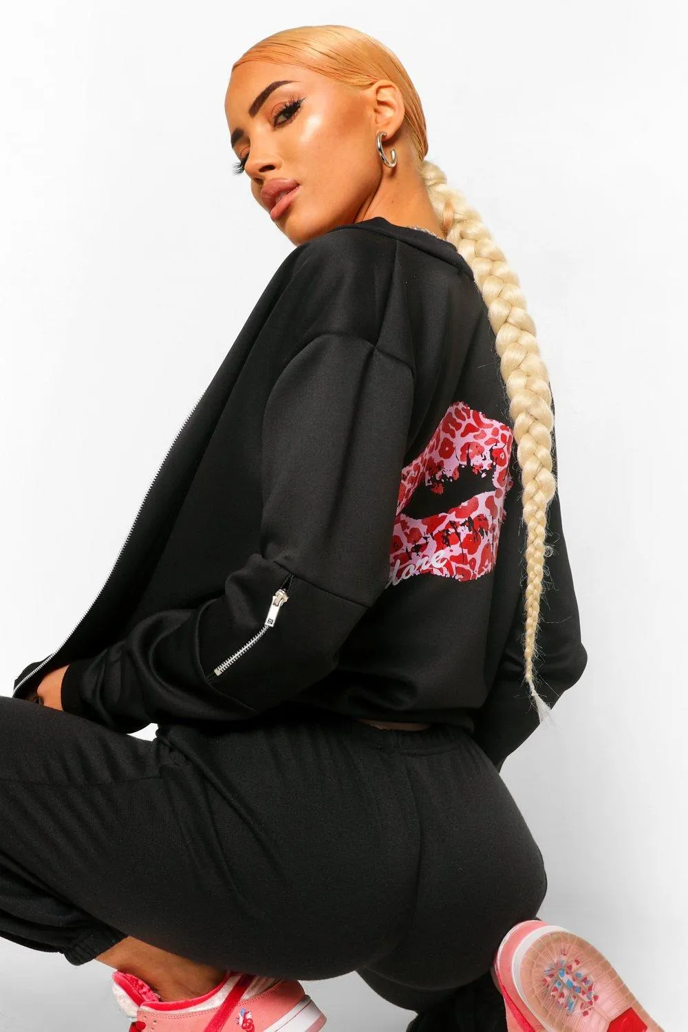 Jadore Leopard Lips Print Bomber Jacket