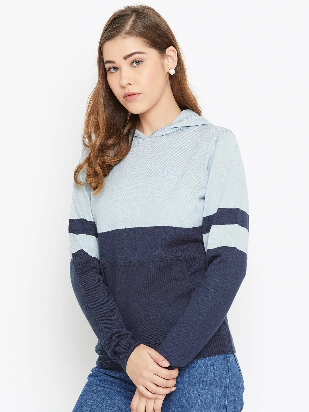 JUMP USA Women Blue Colourblocked Hooded Sweater