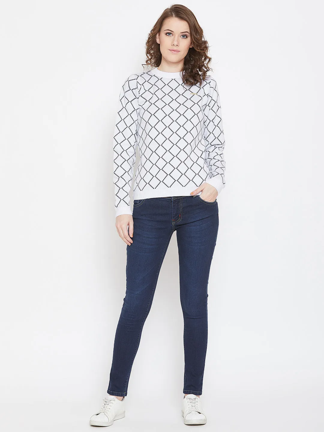 JUMP USA Women White & Navy Blue Acrylic Checked Sweater