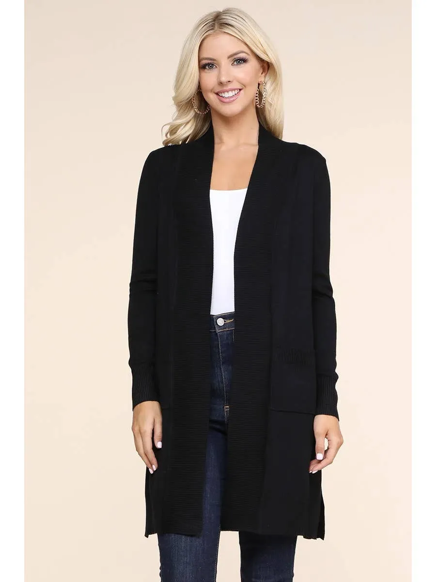 Long Sleeve Open Front Cardigan with Side Pockets