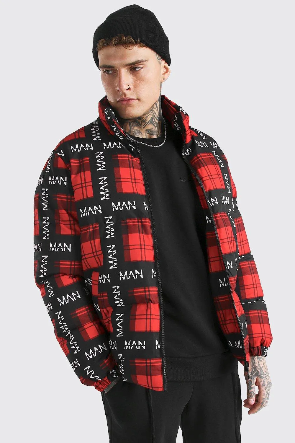 Man All Over Branded Check Puffer Jacket