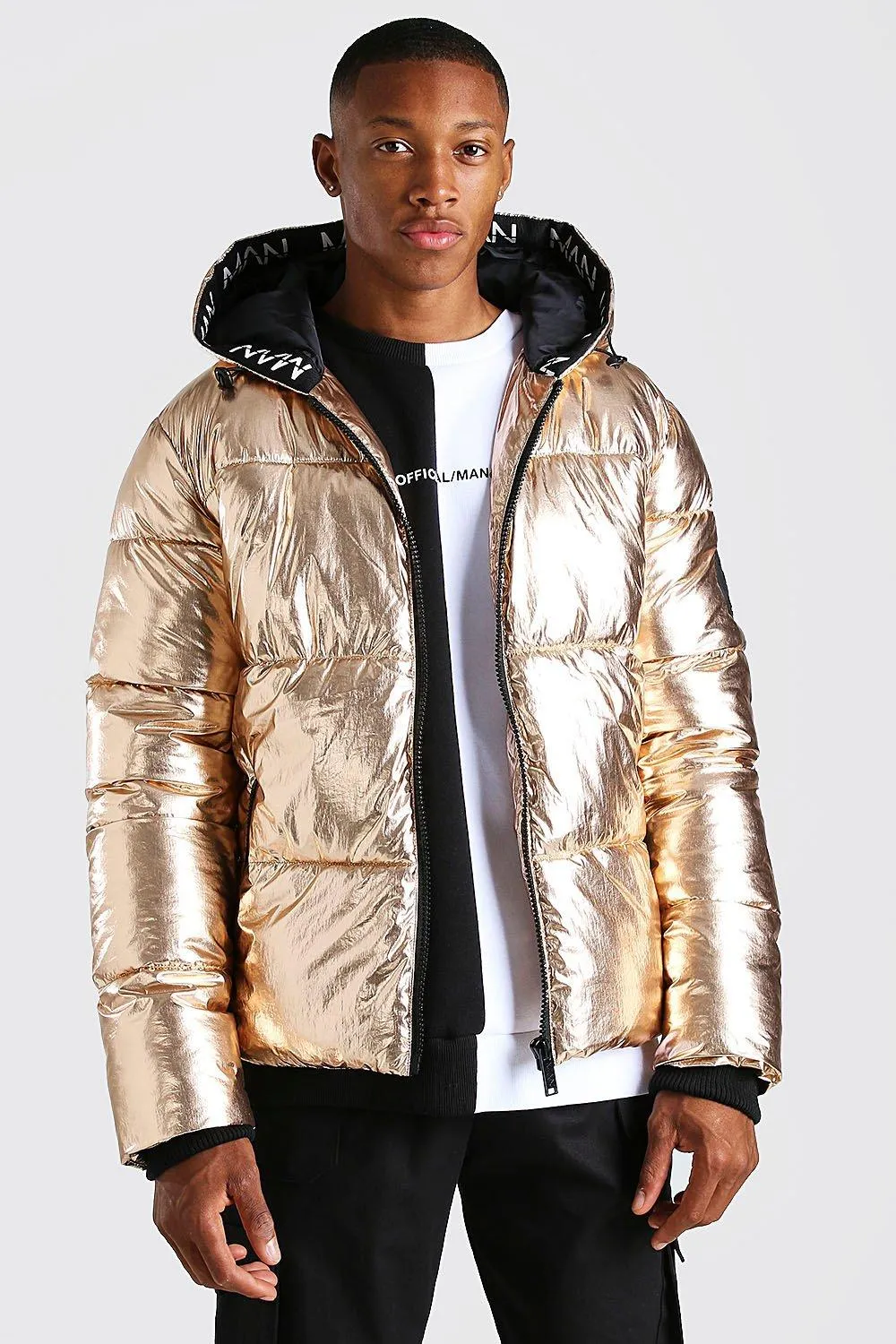 MAN Dash Branded Trim Hooded Metallic Puffer