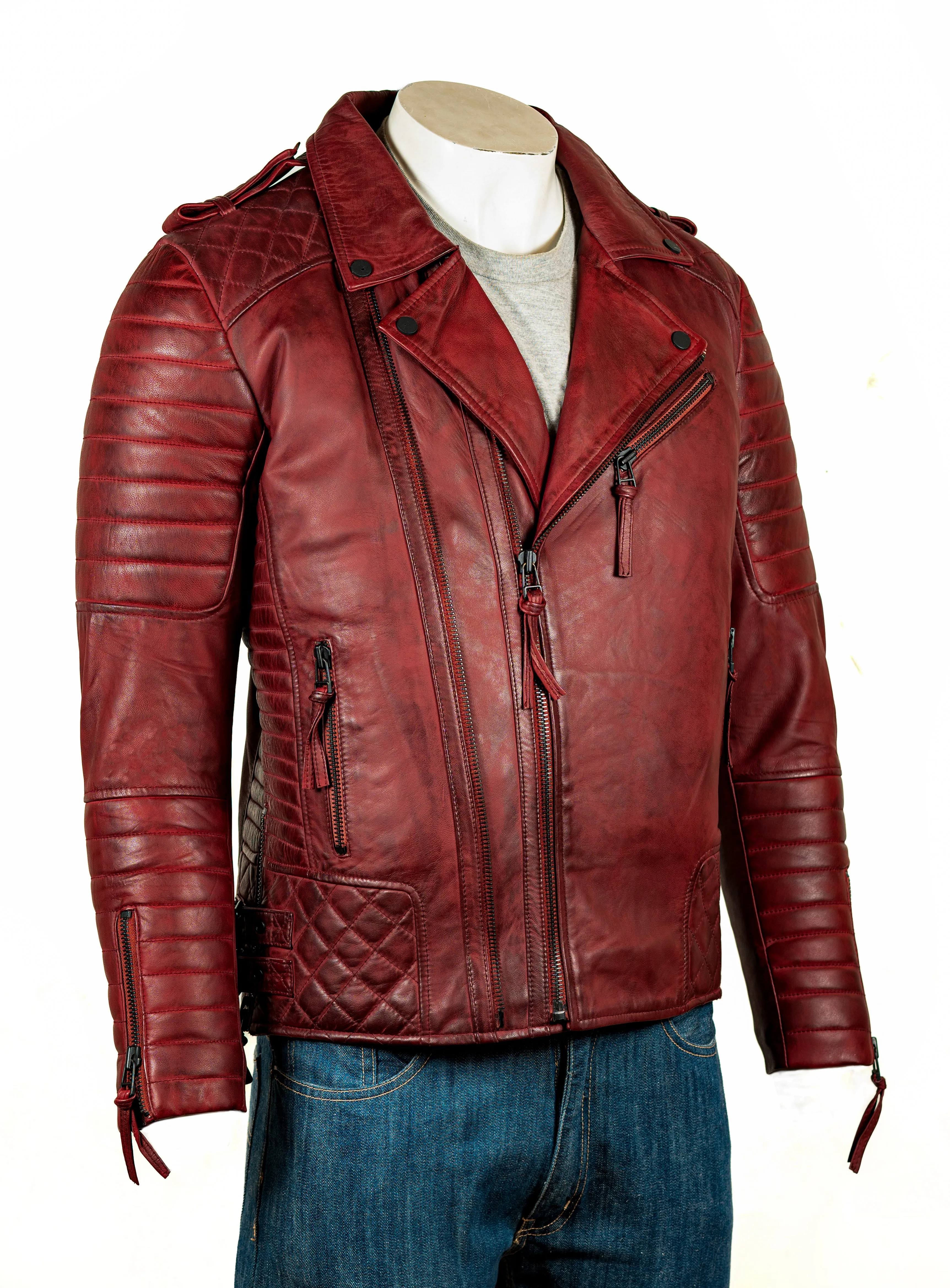 Men's Antique Burgundy Diamond Stitch Biker Style Leather Jacket: Burton