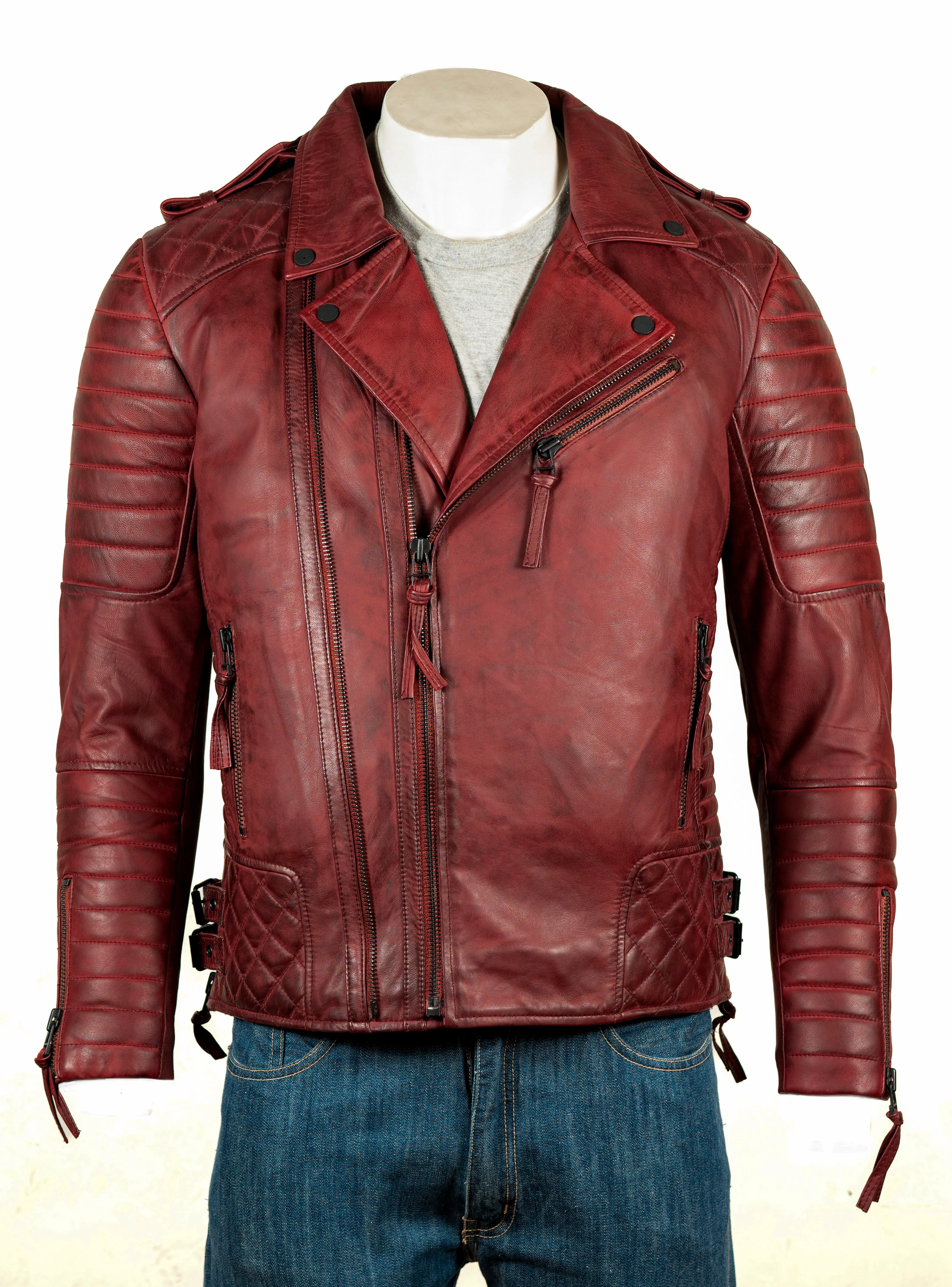 Men's Antique Burgundy Diamond Stitch Biker Style Leather Jacket: Burton