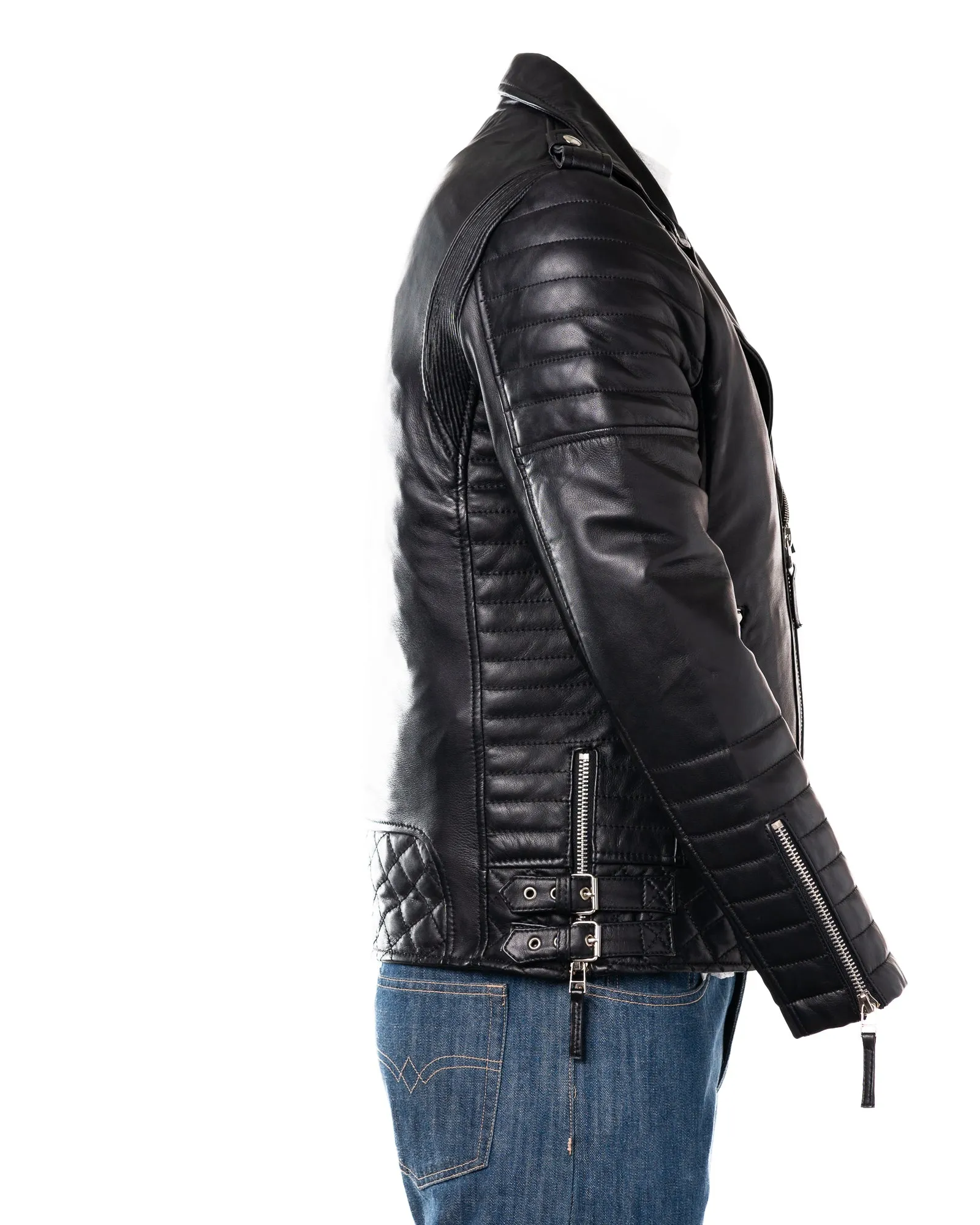 Men's Black Diamond Stitch Biker Style Leather Jacket: Burton