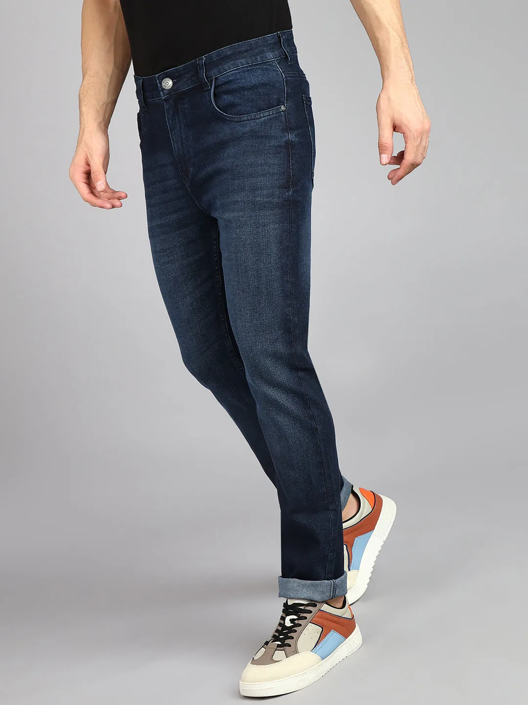 Men's Blue Regular Fit Heavy Washed Jeans Stretch