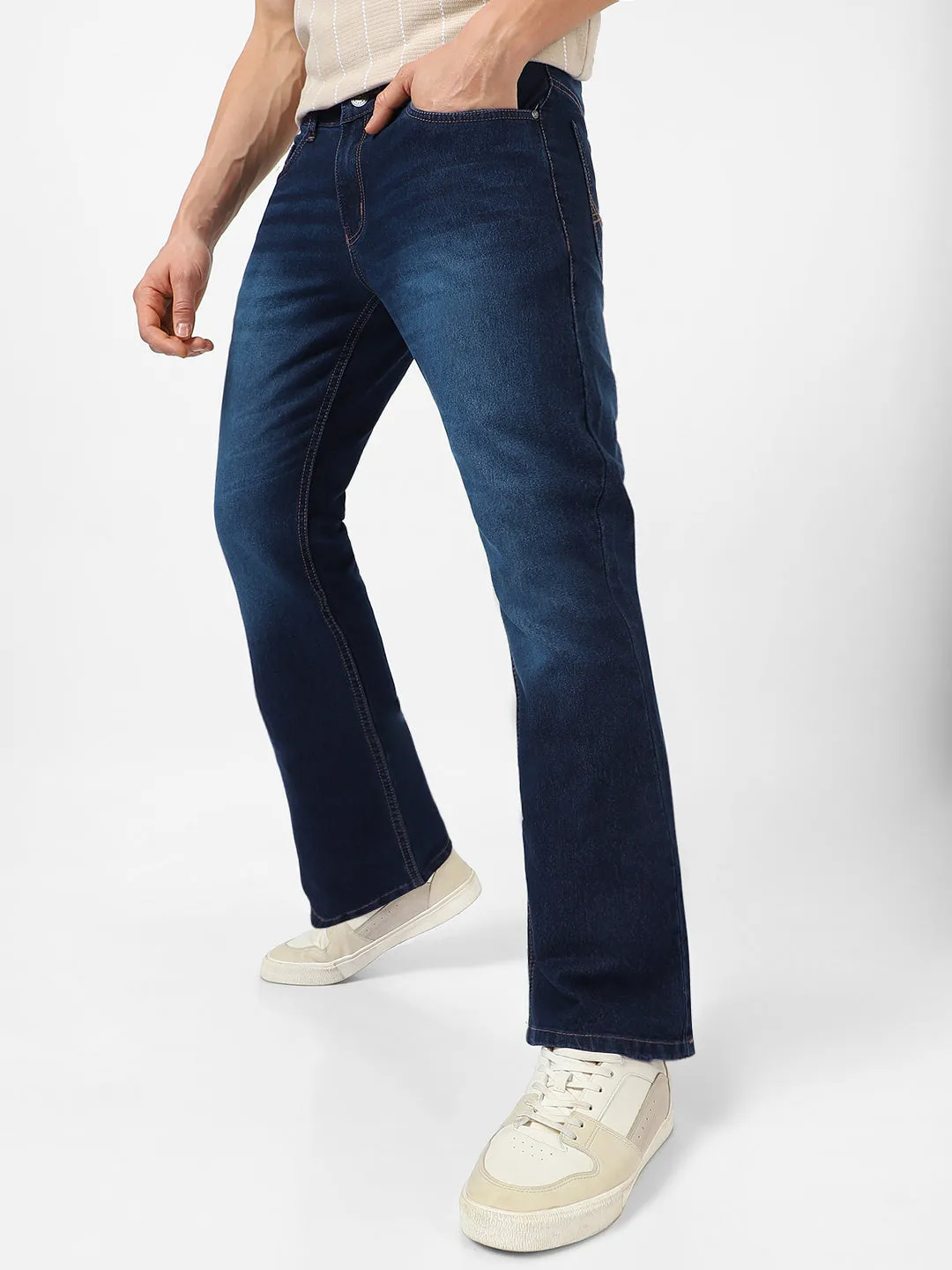 Men's Dark Blue Washed Bootcut Jeans Stretchable