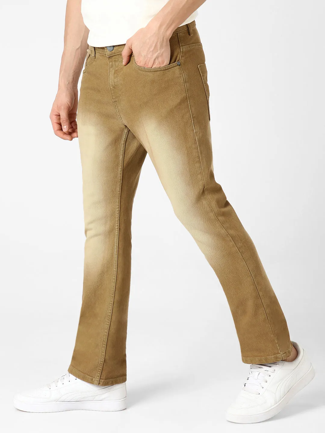 Men's Khaki Washed Bootcut Jeans Stretchable