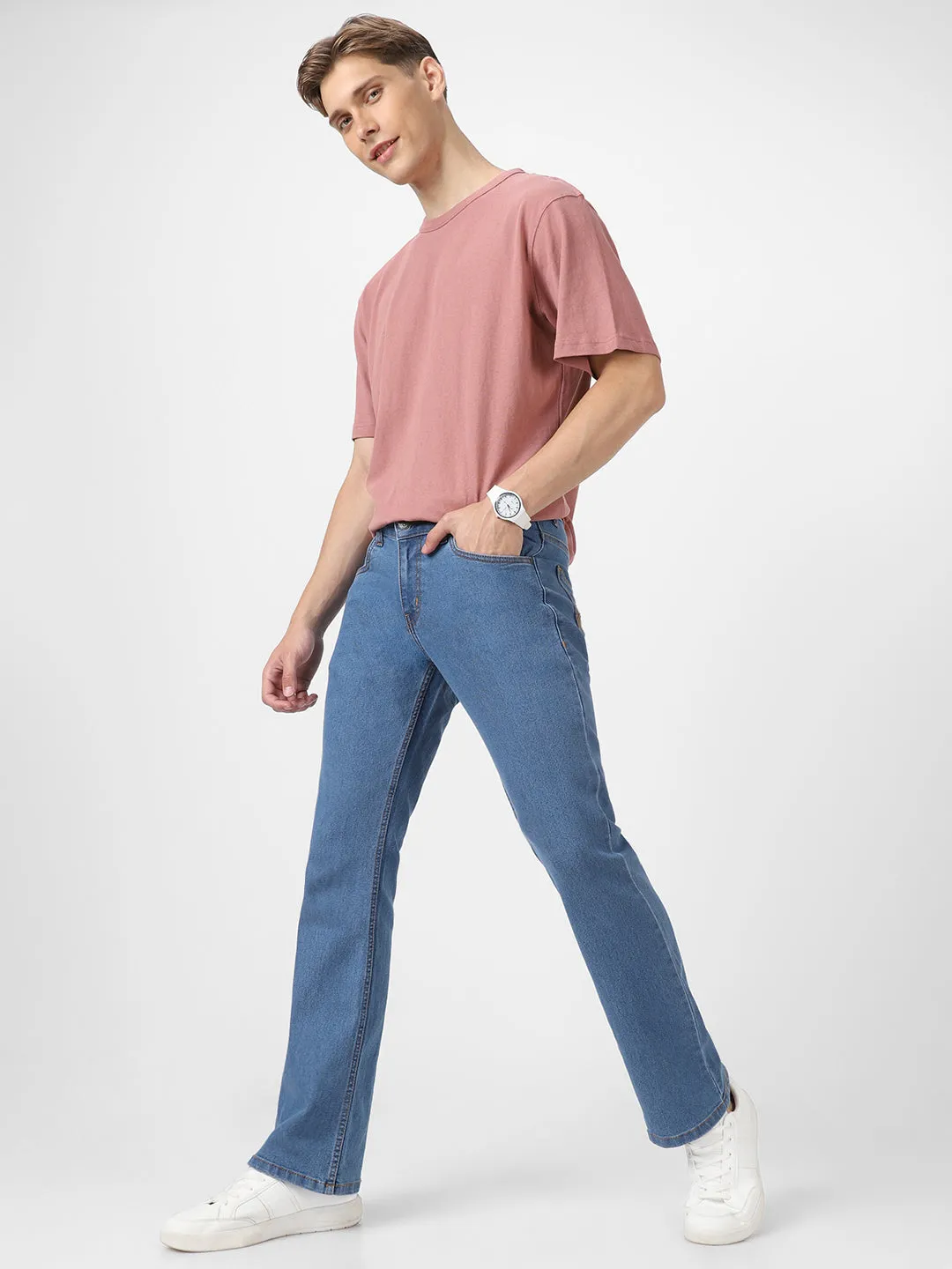 Men's Light Blue Washed Bootcut Jeans Stretchable