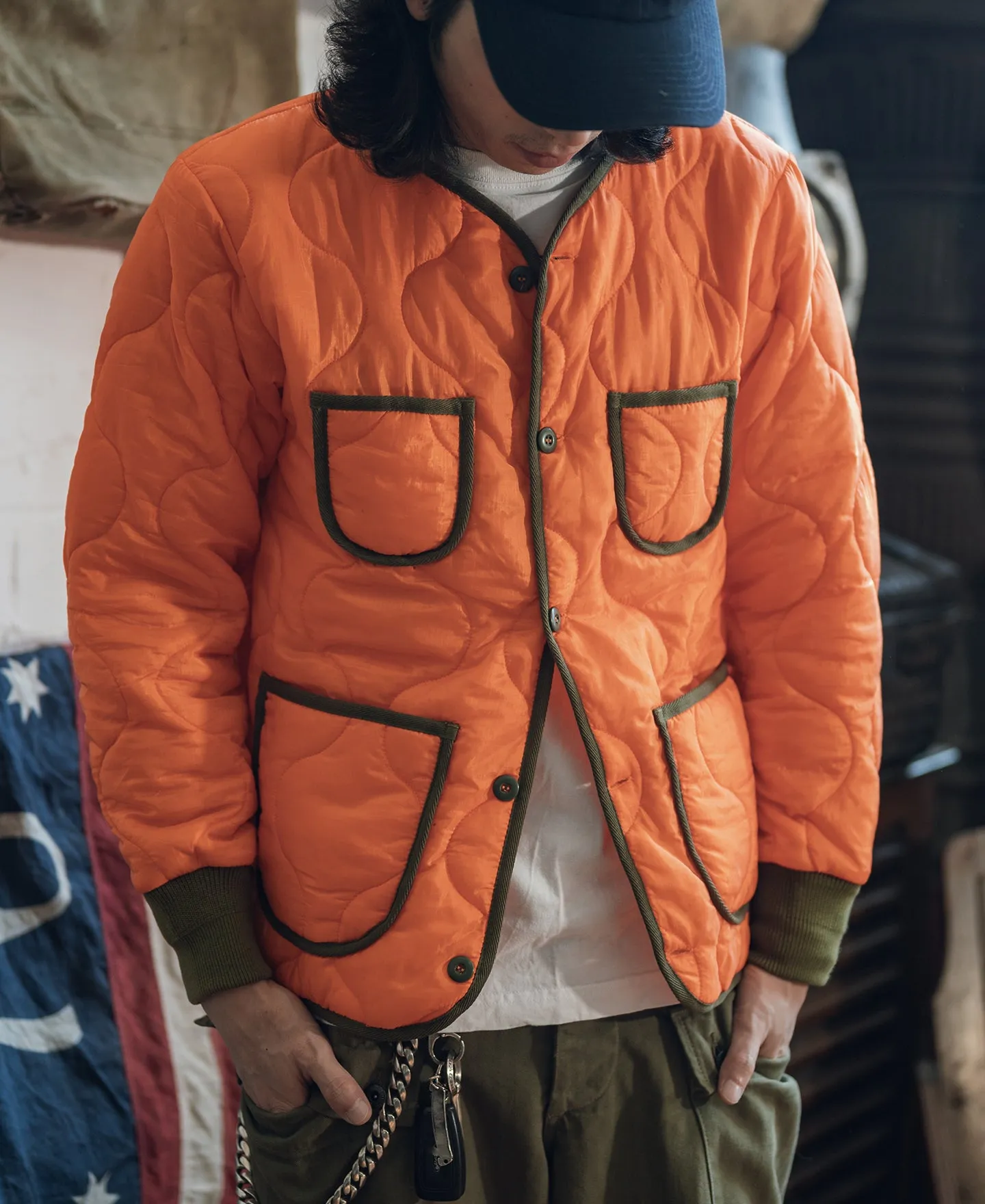 Military Style Quilted Padded Ripstop Nylon Jacket - Orange