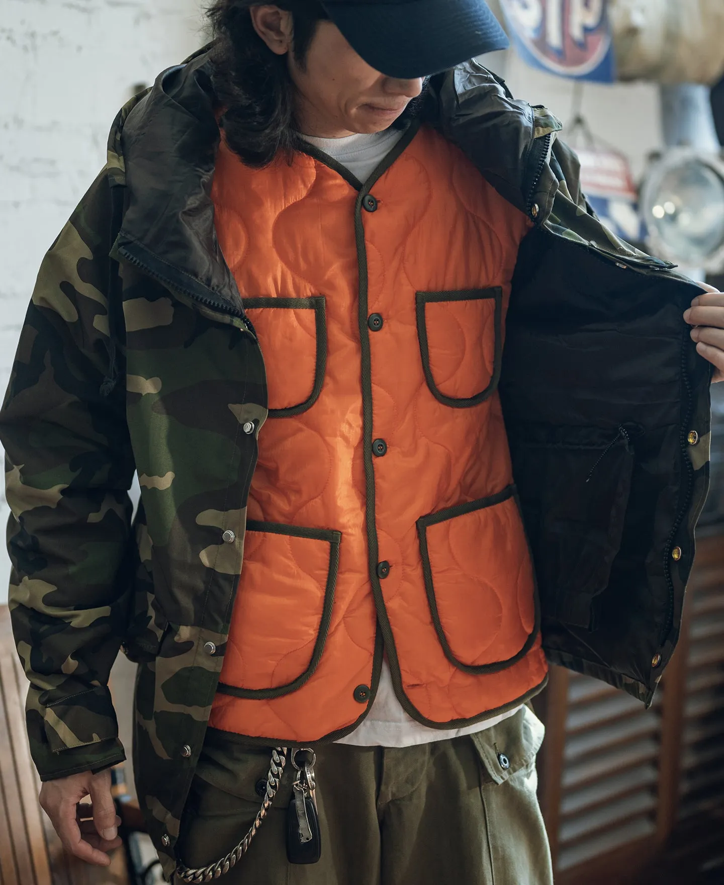 Military Style Quilted Padded Ripstop Nylon Jacket - Orange