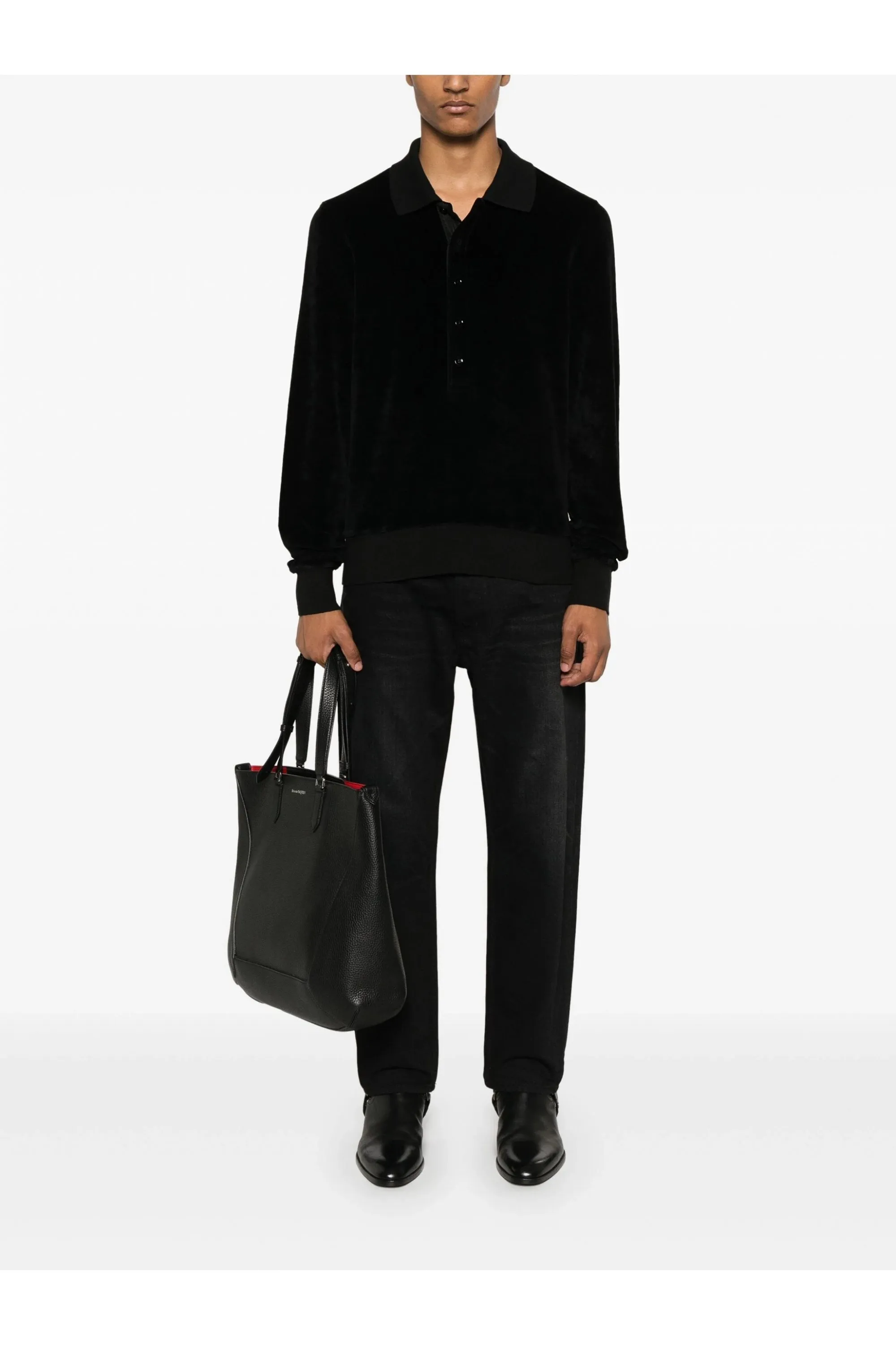 Modal Velour Long Sleeve Polo Black