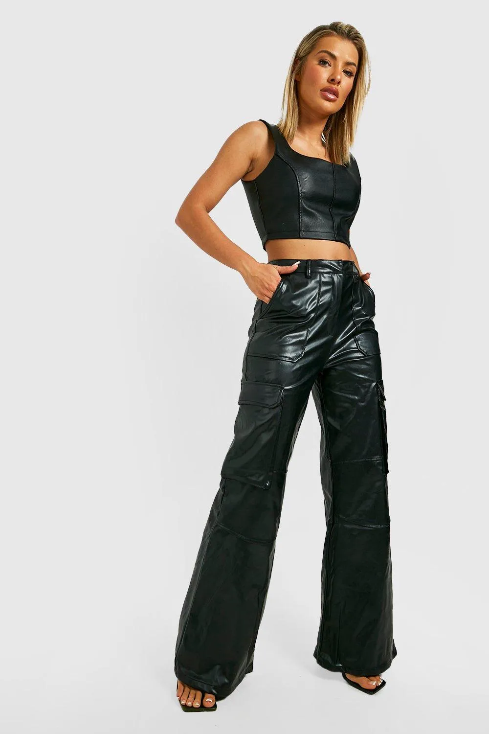 Multi Pocket Wide Leg Pu Cargo Pants