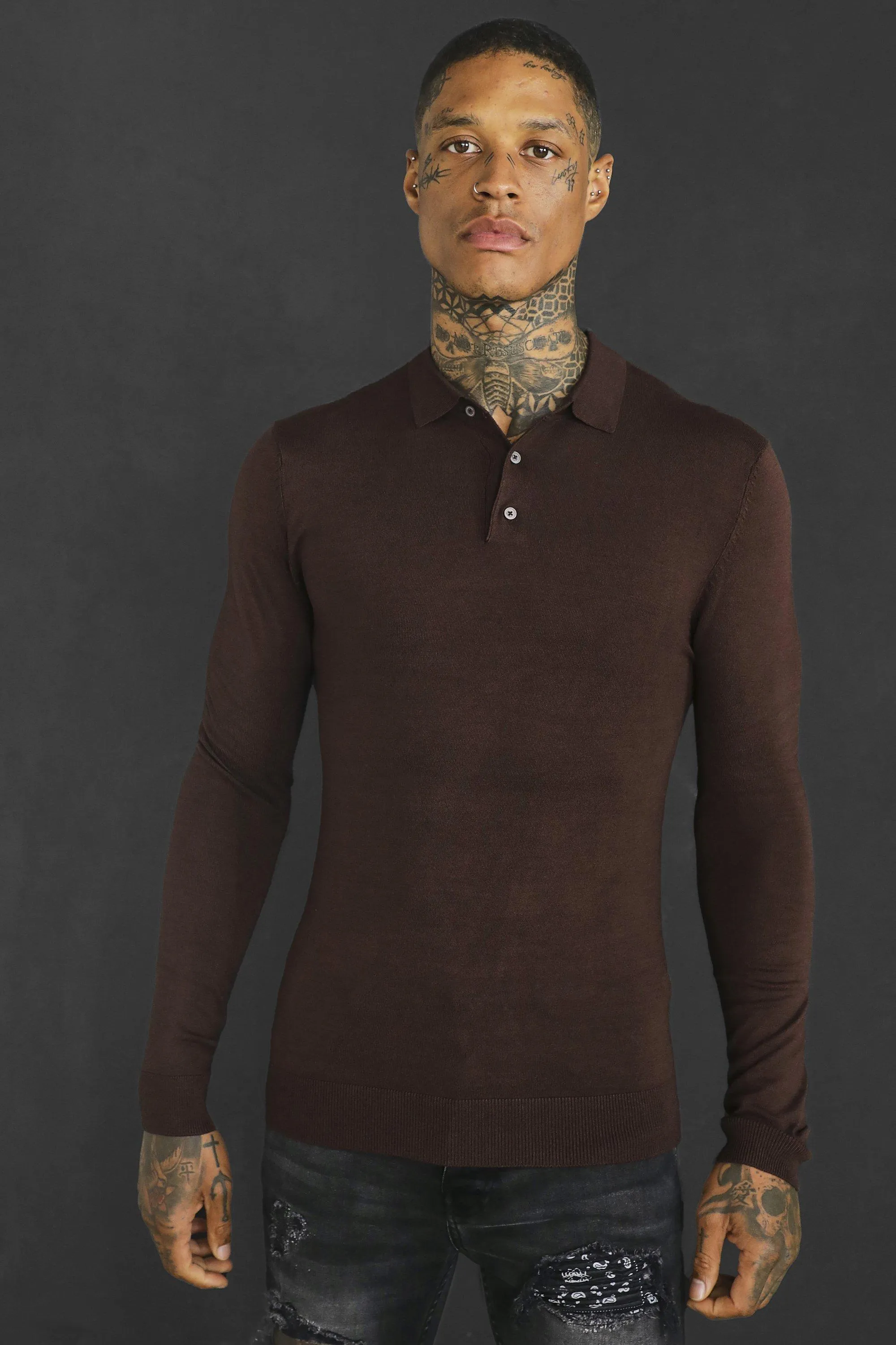 Muscle Long Sleeve Polo | boohooMAN UK