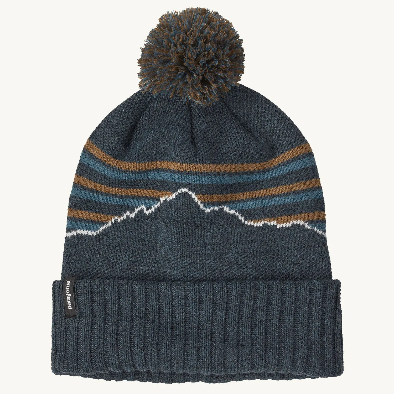 Patagonia Powder Town Beanie Bobble Hat - Fitz Roy Stripe Knit / Smolder Blue