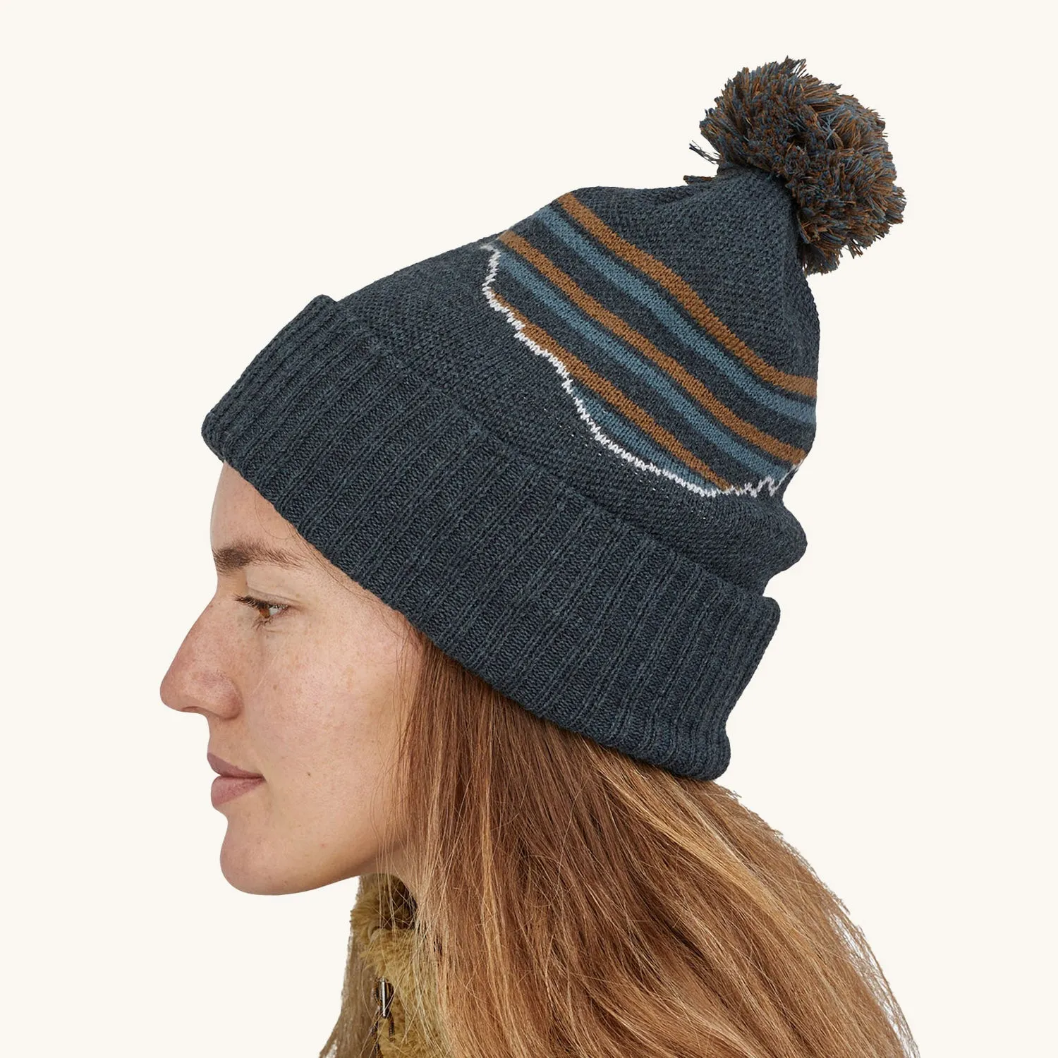 Patagonia Powder Town Beanie Bobble Hat - Fitz Roy Stripe Knit / Smolder Blue