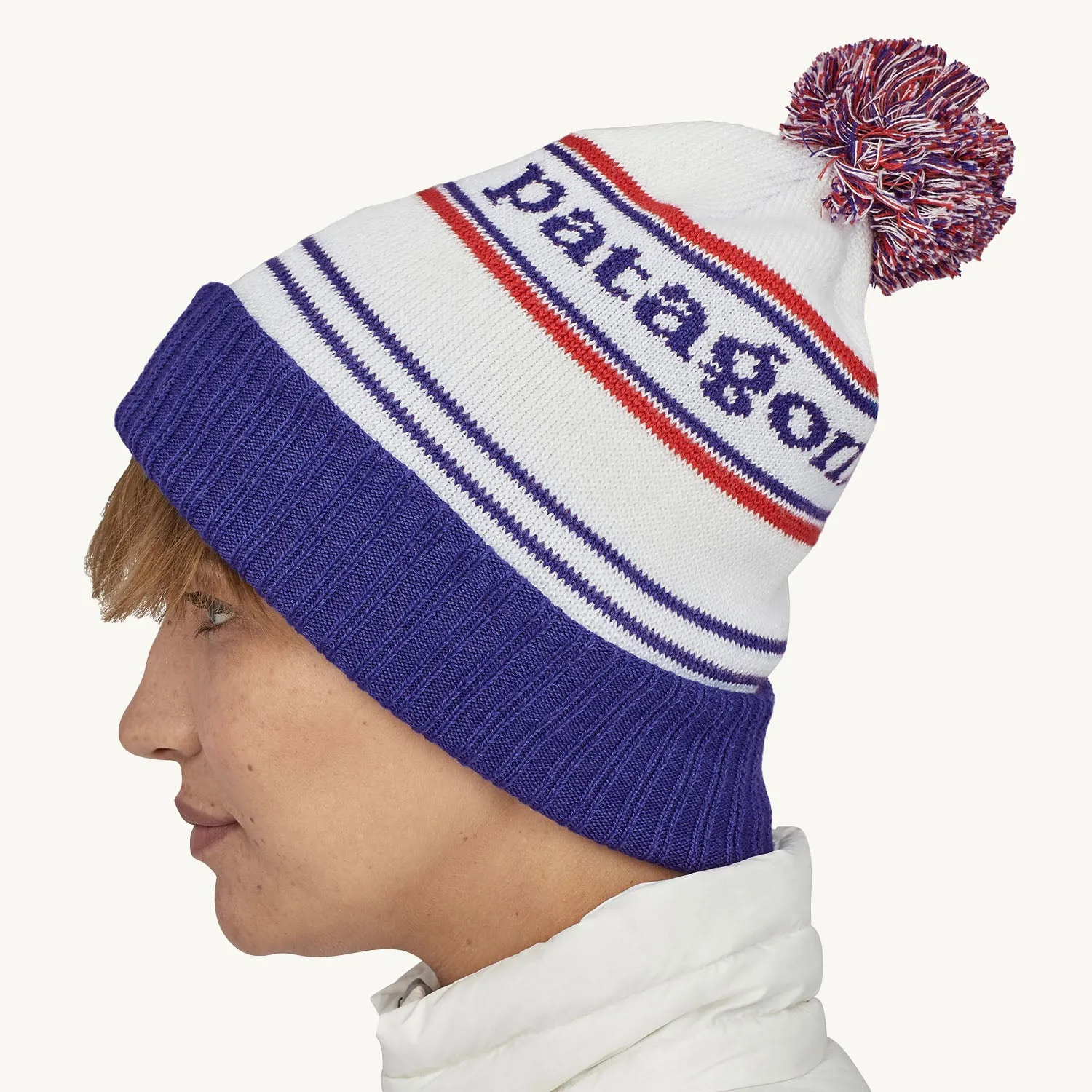 Patagonia Powder Town Beanie Bobble Hat - Park Stripe / Viking Blue