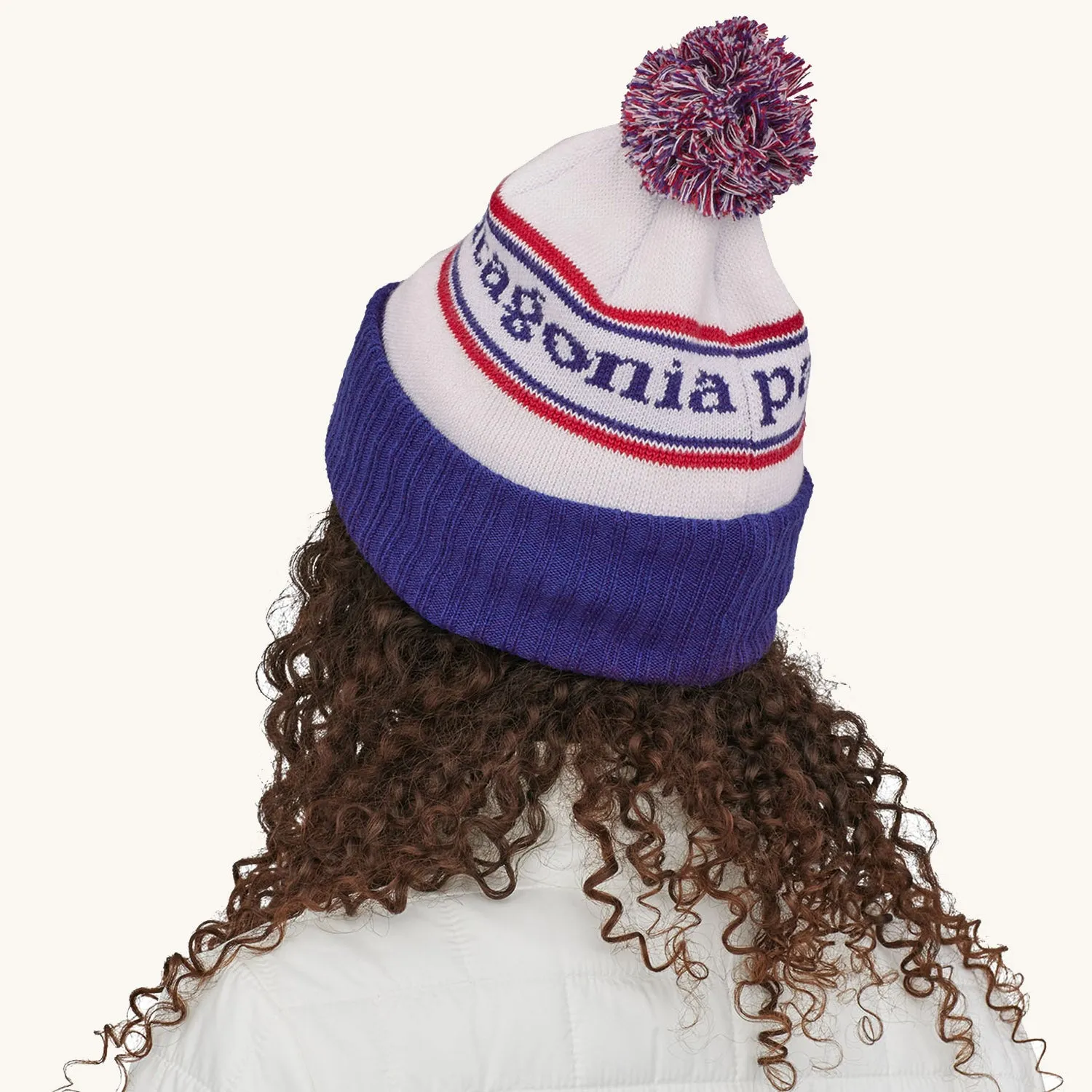 Patagonia Powder Town Beanie Bobble Hat - Park Stripe / Viking Blue