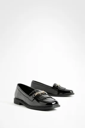 Patent Chain Trim Square Toe Loafers