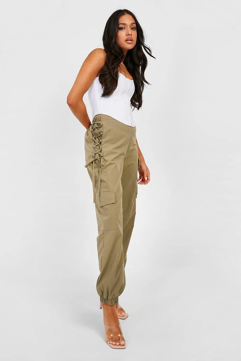 Petite Lace Up Detail Cuff Hem Cargo Pants