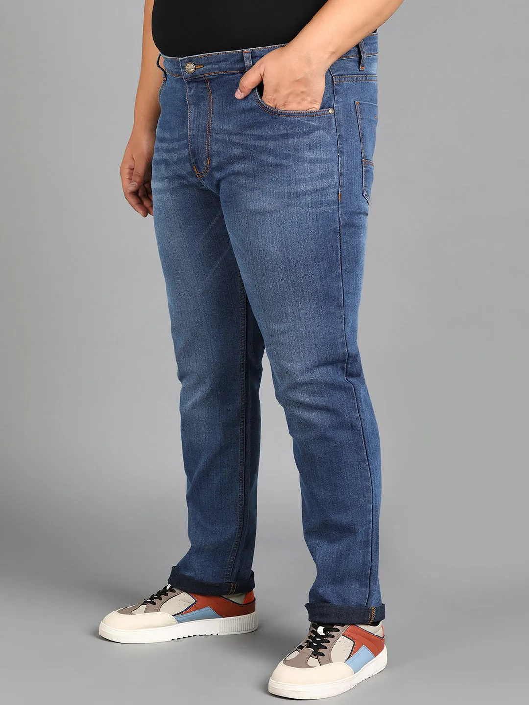 Plus Men's Blue Regular Fit Washed Jeans Stretchable